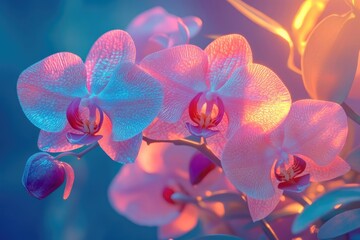 Close-up of vibrant pink and blue orchids bathed in warm, soft light.