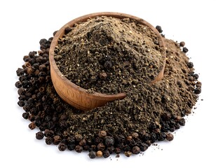 Ground pepper in a wooden bowl with peppercorns