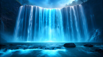 Blue glowing waterfall cascading over dark rocks into water
