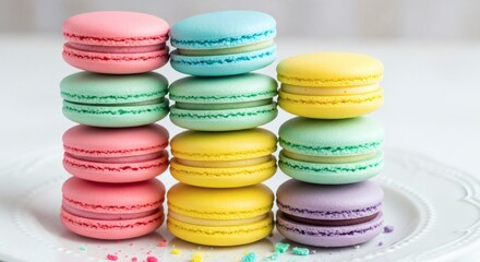 Obraz premium Colorful macarons stacked on a white plate
