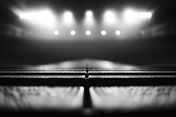 A black and white image of a textured surface illuminated by bright stadium lights at night.