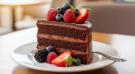 Chocolate cake slice with fresh berries on a plate