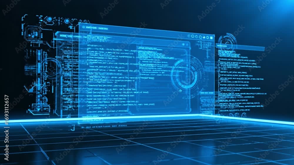 Poster futuristic digital code programming technology interface screen with cyber blue innovation, immersiv
