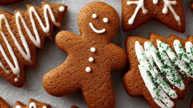 A row of gingerbread cookies with a smiling gingerbread man and a tree on top. The cookies are decorated with white icing and green sprinkles