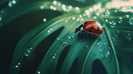 Ladybug resting on a vibrant green leaf adorned with shimmering water droplets