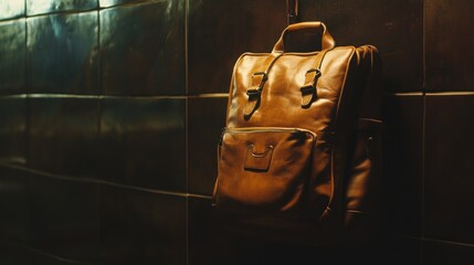 An Artistic Shot of a Leather Backpack Suspended Against a Textured Wall