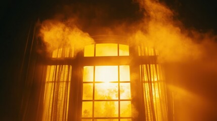 Illuminated window with billowing smoke evoking mystery and dramatic narrative set against the