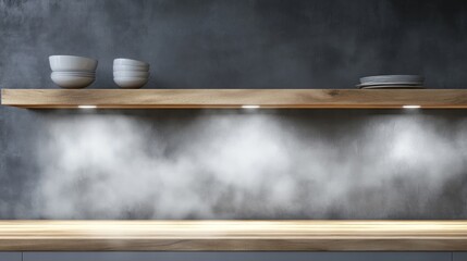 Minimalist kitchen ambience with floating wooden shelf and subdued under lighting atmosphere