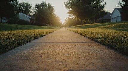 Sunlit sidewalk perspective through suburban serenity, embracing dawn's delicate touch and green
