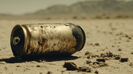 Discarded beverage container abandoned on arid terrain with a distant mountainous view