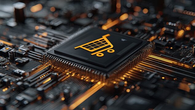 Electronic shopping concept. Circuit board with shopping cart icon