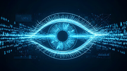 Blue Neon Digital Eye with Binary Code Streams data stream