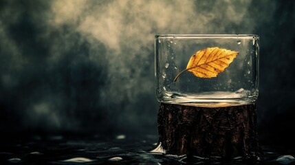Captured autumn: Deciduous leaf in crystalline display resting on a rugged wooden pedestal
