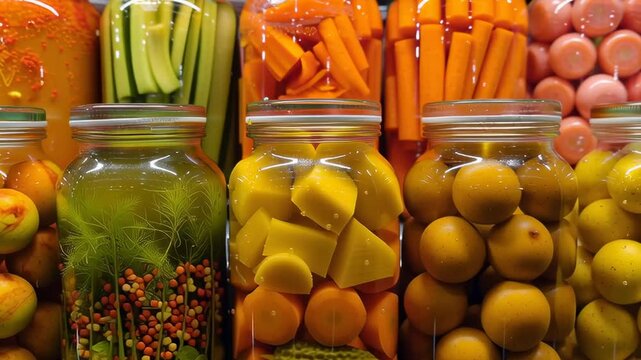 A row of jars filled with various pickles and vegetables. The jars are of different sizes and colors, and they are arranged in a neat row. Concept of abundance and variety