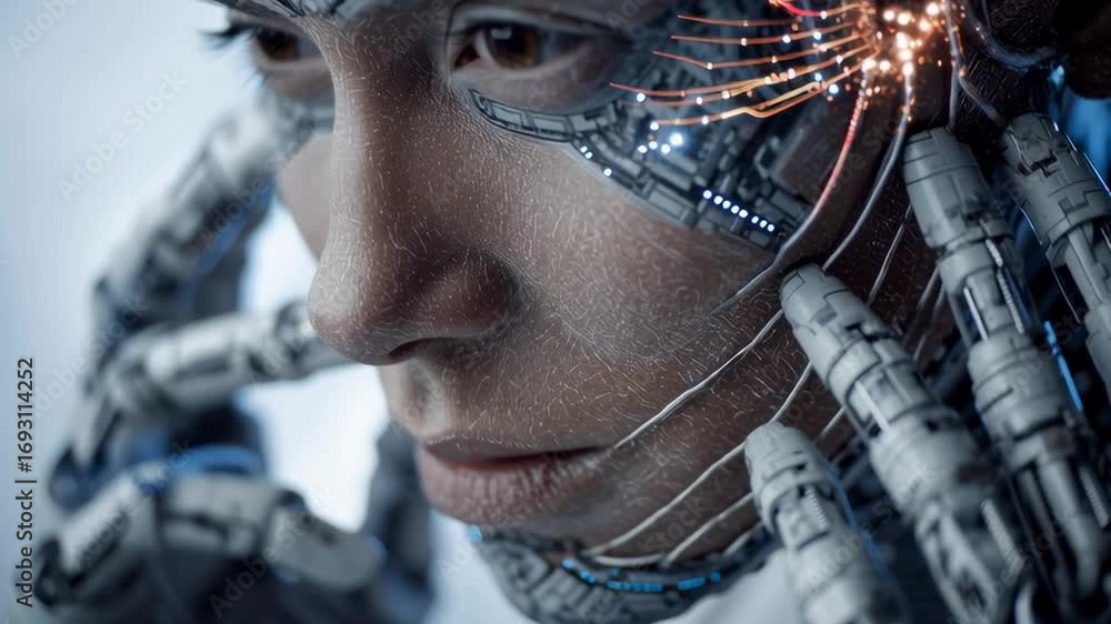 Poster a woman with robotic arms and a face with a robotic eye. the image is futuristic and has a sense of 