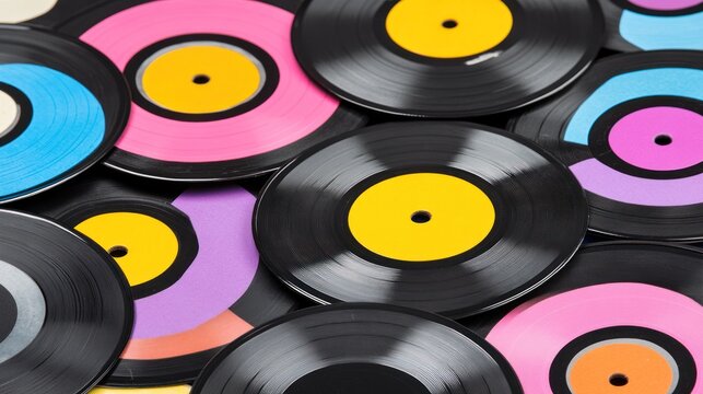 Vibrant vinyl records showcasing an array of colourful retro music accessories on a black background