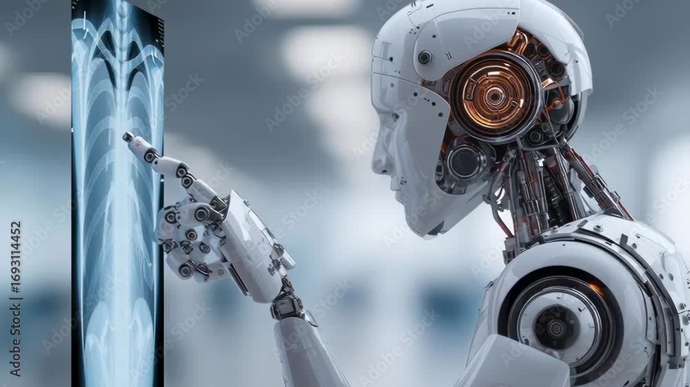 Poster a robot is pointing at a medical image of a human body. the robot is white and has a robotic arm. co