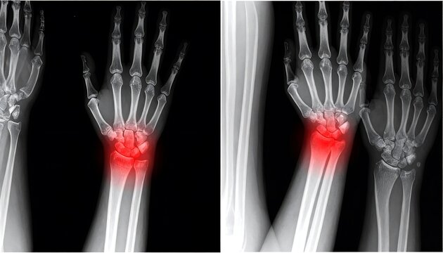 X-ray comparison of two hands, highlighting wrist joint abnormalities