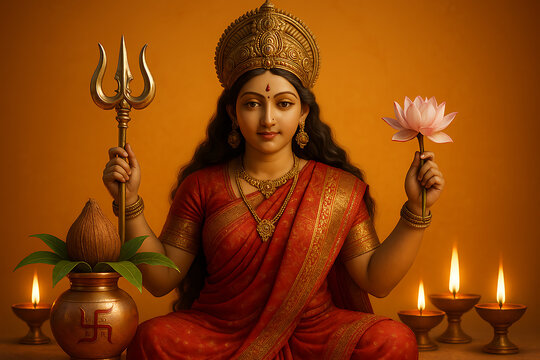 goddess durga in red saree holding lotus and trishul with kalash and diya on her side ready for the grand pooja durga puja