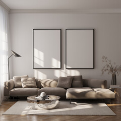 Modern Living Room Poster Frame Mockup with Natural Light and Minimalist Decoration. 3D render.