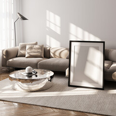 Modern Living Room Poster Frame Mockup with Natural Light and Minimalist Decoration. 3D render.
