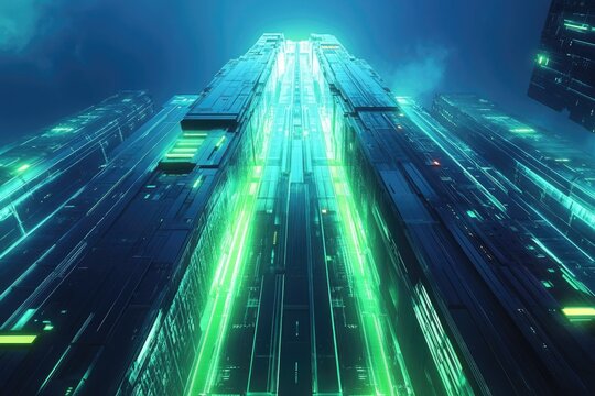 Futuristic cityscape at night, towering skyscrapers with vibrant green neon lights illuminating the intricate technological details.