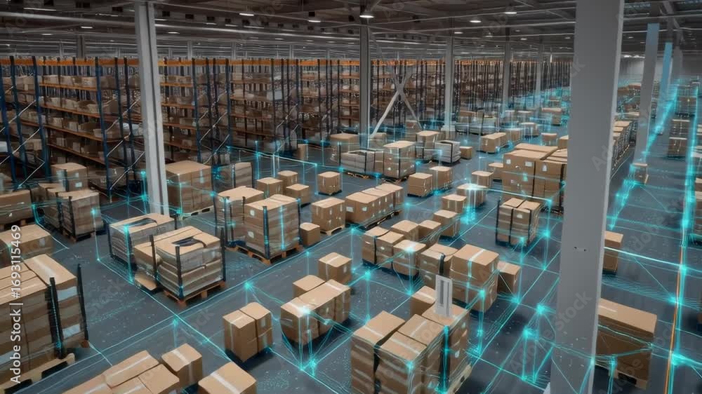Poster a large warehouse filled with boxes and a blue sky. the boxes are stacked in various locations throu