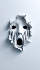 Frightening Face Emerging from Torn Paper Sheet in Monochrome Art