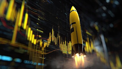 Rocket launching through a financial data display