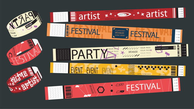Y2k event party bracelet design. Retro modern pass ticket set for nightclubs entrance access. Colourful festival wristband prints for entry control and guests identification. Vector illustration.
