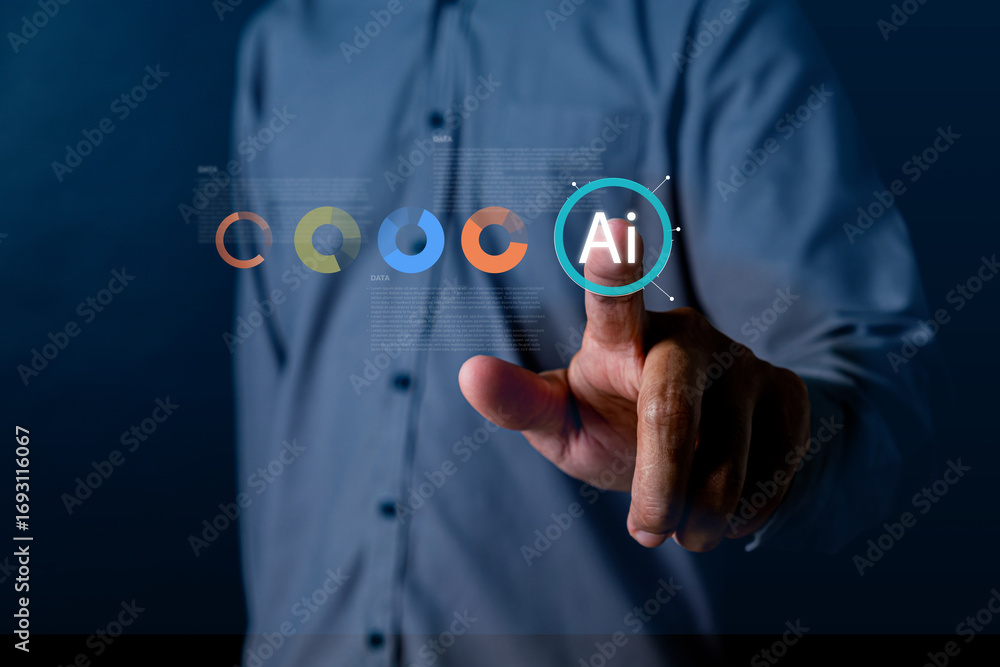 Fototapete businessman interacting with digital interface, touching ai icon and colorful data visualization gra