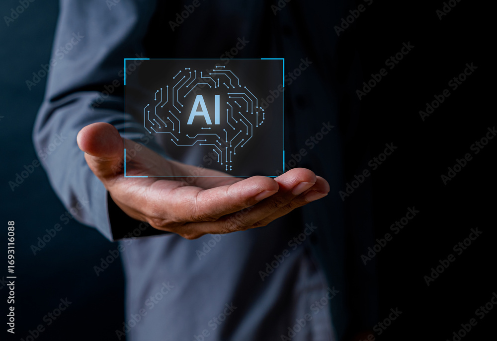 Poster human hand presenting futuristic ai technology concept with circuit patterns to illustrate innovatio