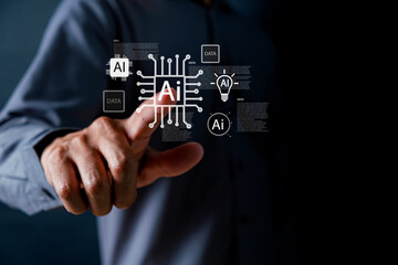 Obraz premium Digital Interface with Human Touch, Concept of Artificial Intelligence and Data Processing, Technology and Innovation Elements, Modern Business Environment