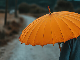 Individual holding vibrant orange umbrella while walking along a winding path surrounded by blurred trees, creating a serene atmosphere and inviting exploration of nature