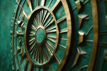 Obraz premium Intricate green and gold circular design with geometric patterns, radiating lines, and a central gemstone.