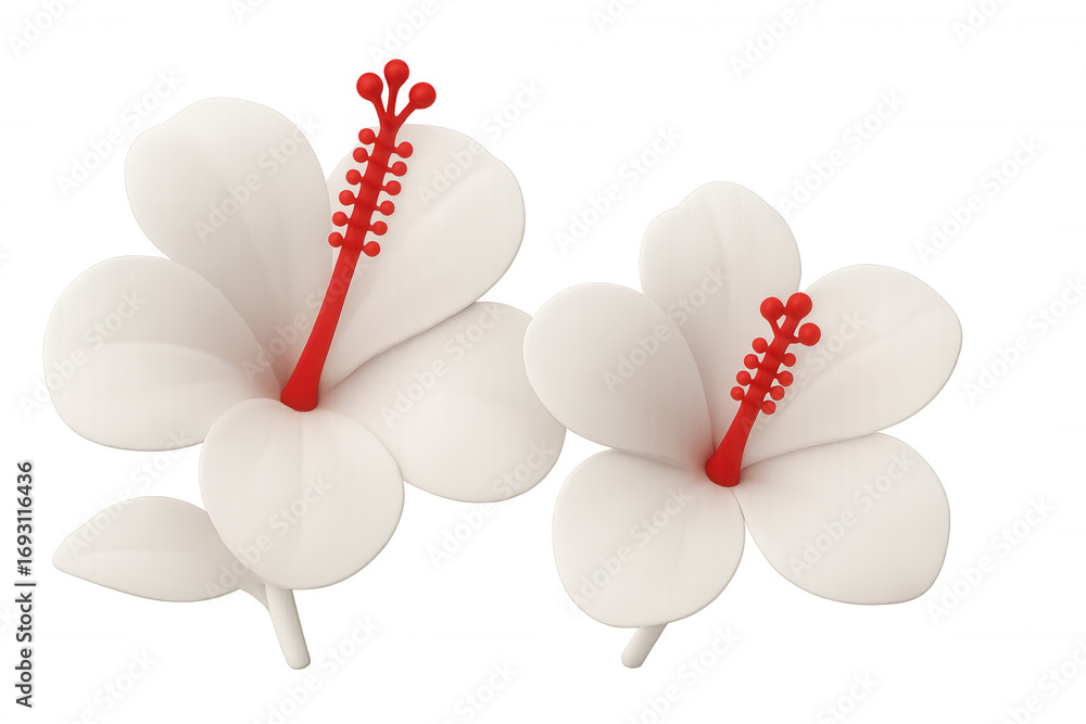 Poster 3d rendering of two white hibiscus flowers with red pistils isolated on transparent background, perf