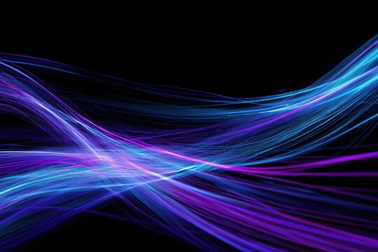 Abstract swirling lines of vibrant blue and purple light against a black background