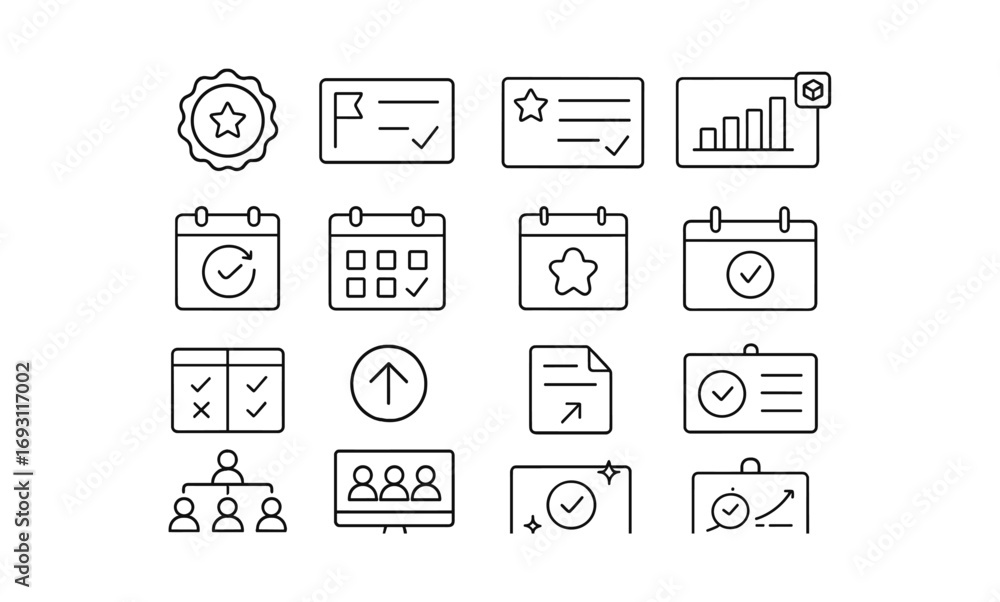 Poster business productivity outline icon set: planning and analysis tools in line style