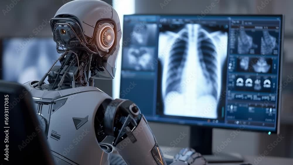 Aufkleber a robot is sitting in front of a computer monitor with a medical image of a human body. the robot ap