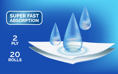 Absorbent two-layer material with water drops. Infographic for toilet paper, napkins, wipes and other hygiene product. Label for packaging paper towels, napkins. Realistic vector illustration.