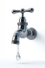 Chrome Faucet with Water Droplet in Bright White Background