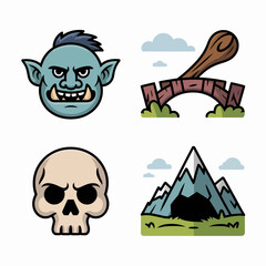 Cartoon troll skull bridge and mountain icons for fantasy game design