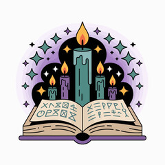 Obraz premium Mystical open book with glowing candles and magical stars