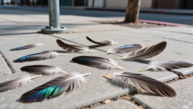 Colorful Feathers Scattered on Pavement in Urban Setting During Daylight