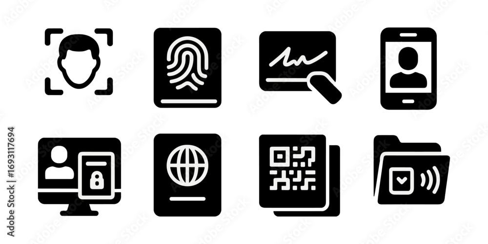 Poster biometrics and id solid icon set. security, identity verification icons collection