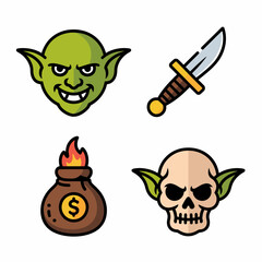 Fantasy game icons goblin skull knife money bag and evil goblin face