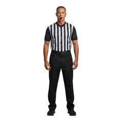 Caucasian male adult referee with striped shirt and whistle transparent background