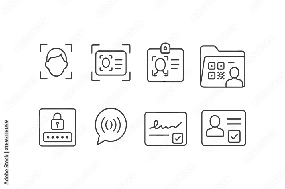 Poster identification, security line icon set. verification and access control line icons collection