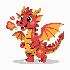 Fototapeta premium Cute cartoon red dragon with wings breathing smoke