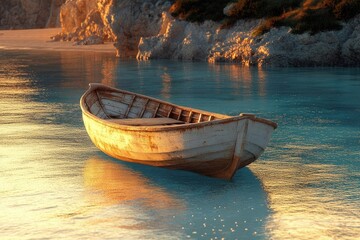 A weathered wooden rowboat rests peacefully in calm, shallow water near a rocky shore at sunset.